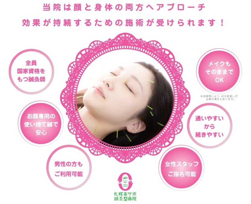 札幌楽サポ鍼灸整骨院の写真4枚目：自費扱いのメニューを充実しています。鍼灸治療に力を入れており、美容鍼もその一つ。