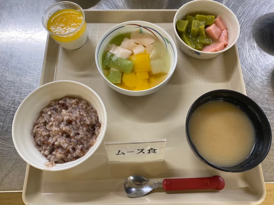 特別養護老人ホーム三滝苑（管理栄養士/栄養士の求人）の写真5枚目：ムース食の形態です。柔らかく口の中でまとまって飲み込みやすいのが特徴です。