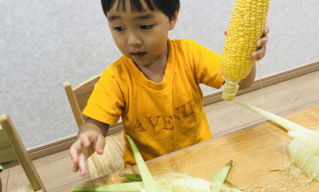 アベニール保育園（調理師/調理スタッフの求人）の写真7枚目：本物のトウモロコシを手に取り、皮むきを体験します♪