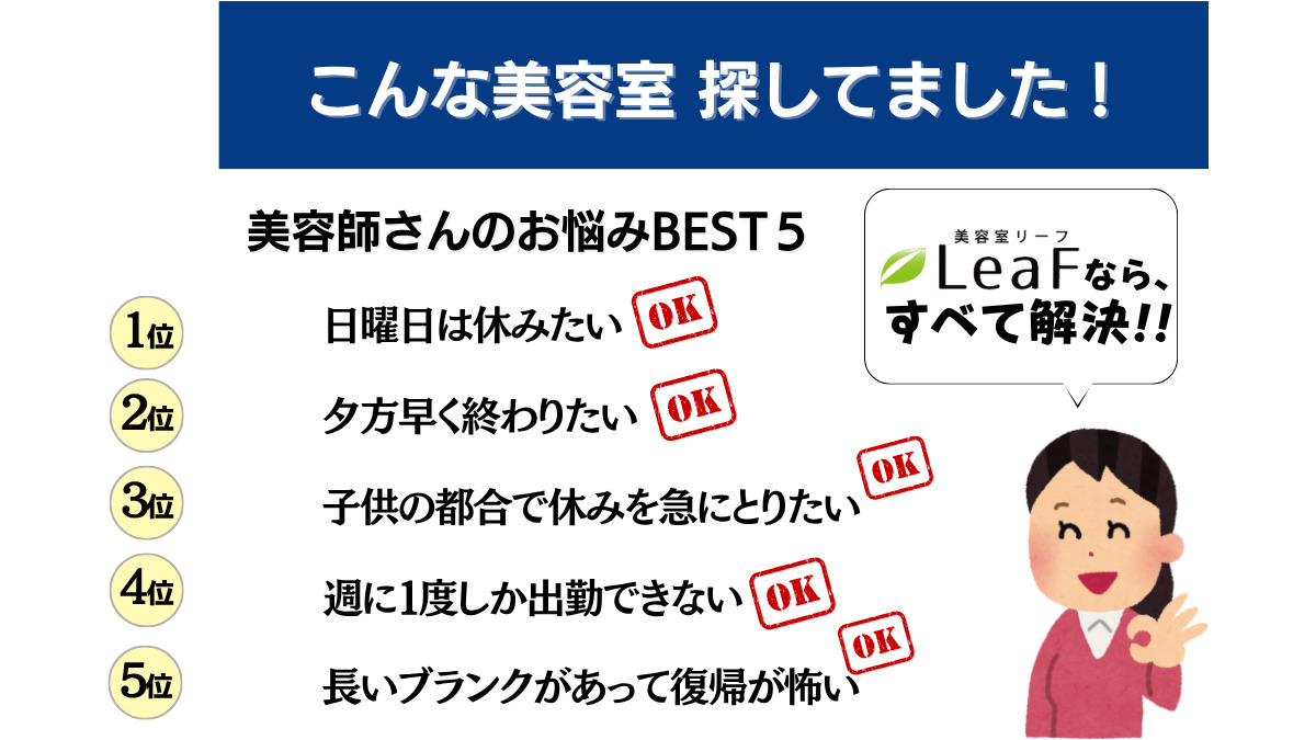 LeaF戸越銀座店【2025年10月29日オープン】(美容師の求人)の写真4枚目:美容師さんのお悩みベスト5