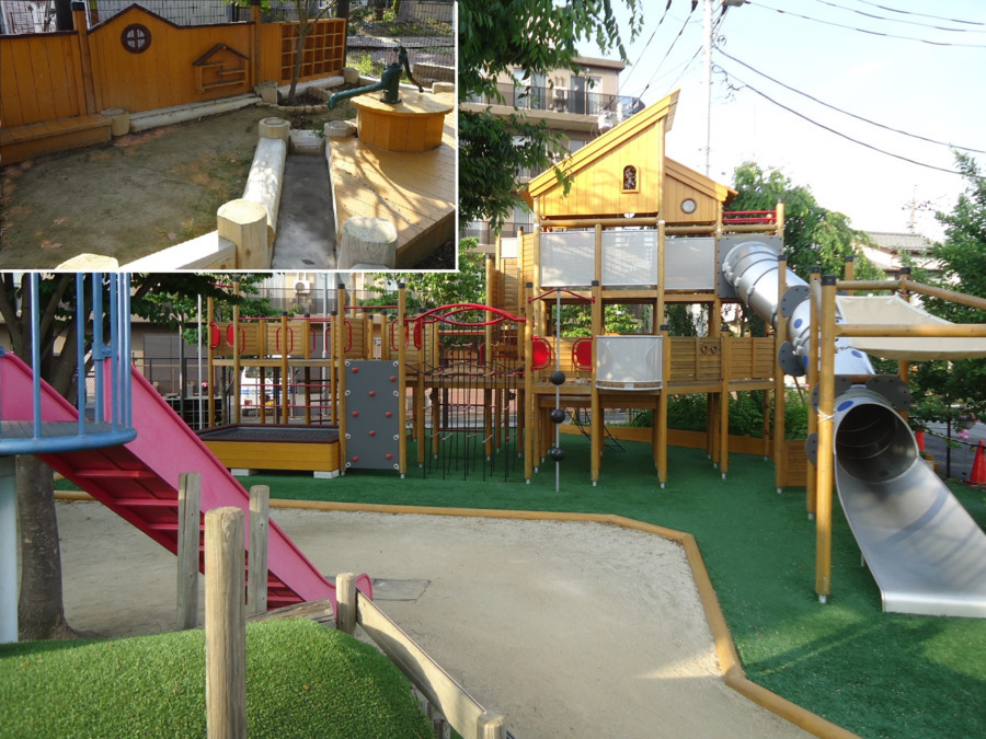 めぇめぇこやぎこども園（認可保育園）の写真3枚目：第2園庭とガチャポンプ。世界に一つのめぇめぇこやぎの家