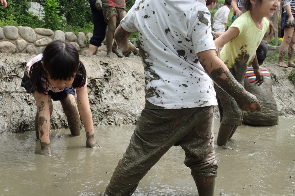 幼保連携型認定こども園 ニコニコ桜保育園（保育士の求人）の写真3枚目：田植えの前に田んぼに入って泥んこ遊び！