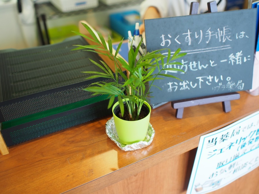 リブラ薬局　あざみの店（調剤事務の求人）の写真3枚目：受付にグリーンを置き、患者様にリラックスして頂けるよう環境づくりをしています。