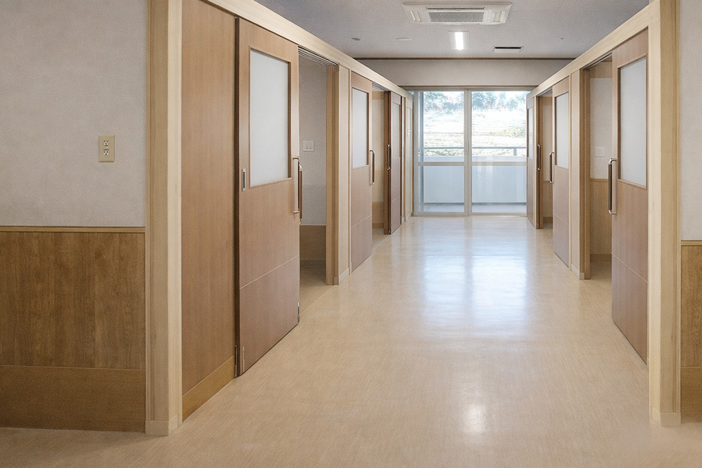 特別養護老人ホーム桐花園(看護師/准看護師の求人)の写真3枚目:特養 ドアと仕切りが設置された多床室(4人部屋)