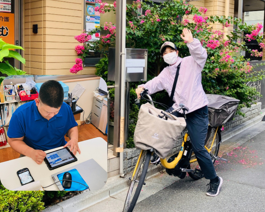小規模多機能型居宅介護 燦々ほーむ あらかわ（介護職/ヘルパーの求人）の写真4枚目：ケア記録入力はiPadを使用！訪問は自転車を使用します。