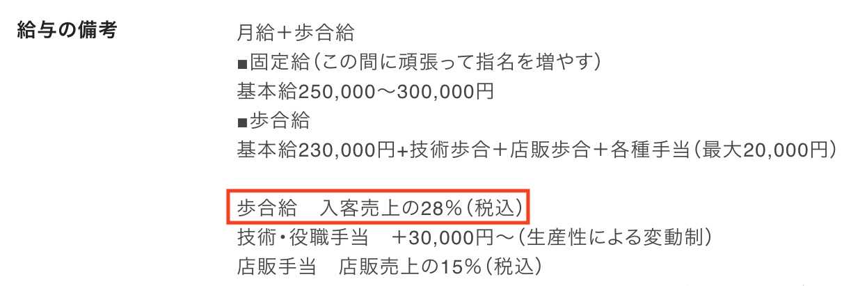 ノルマはなく売上の◯%を歩合とする方法の求人募集要項の例