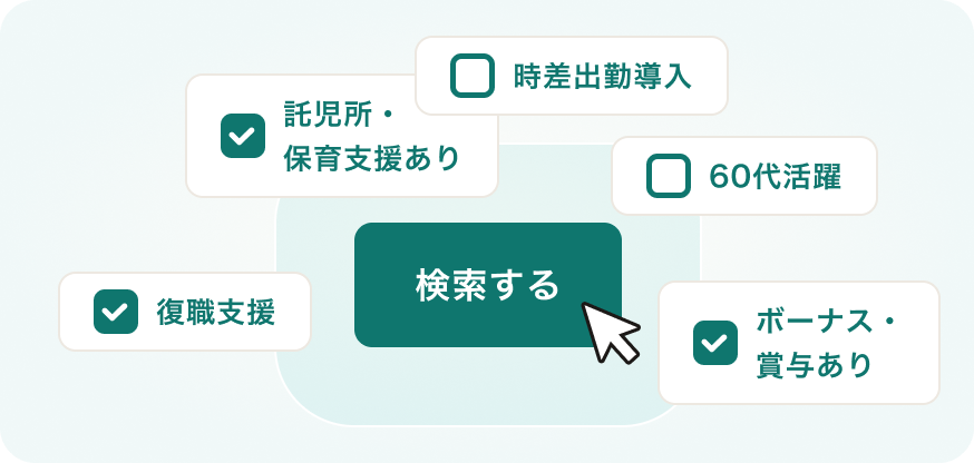 様々なこだわり条件で検索しているイラスト。こだわり条件は「ボーナス・賞与あり」や「復職支援」など多種多様。